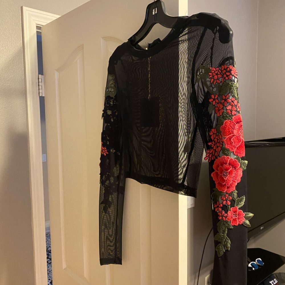 Mesh Top with flower detailing on both sleeves